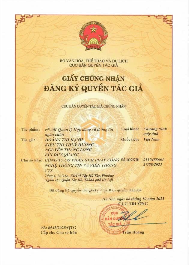 Giấy chứng nhận quyền tác giả eNAM — Giải pháp quản lý hợp đồng và thông tin ngăn chặn